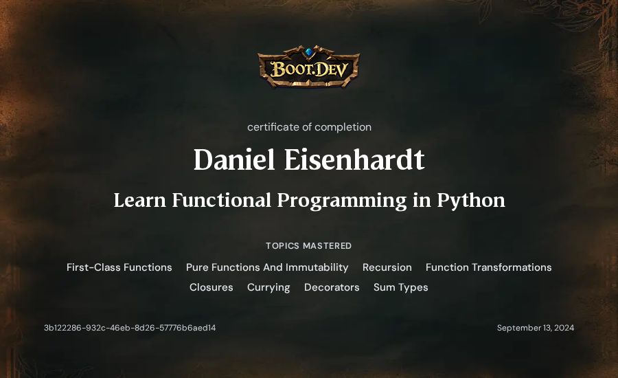 Daniel Eisenhardt's Boot.dev Learn Functional Programming in Python certificate