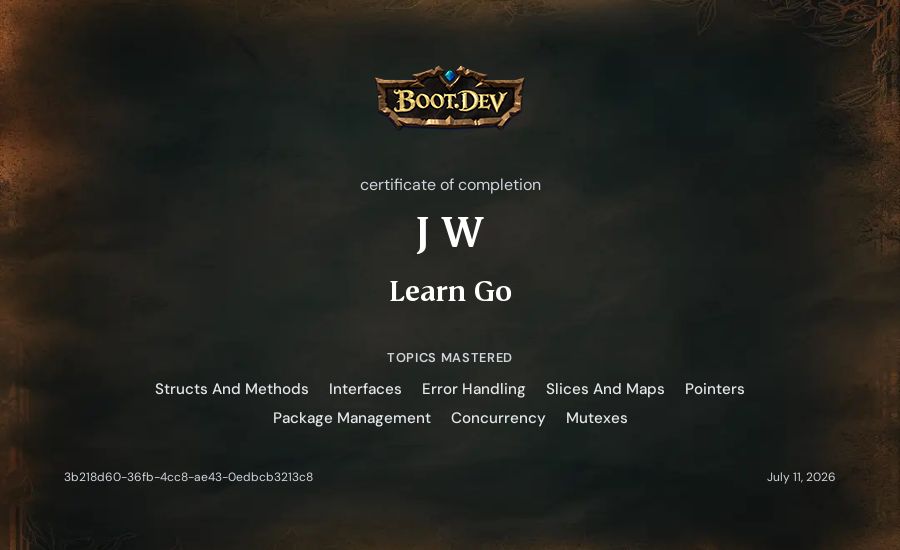 J W's Boot.dev Learn Go certificate