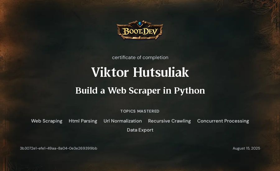Viktor Hutsuliak's Boot.dev Build a Web Scraper in Python certificate