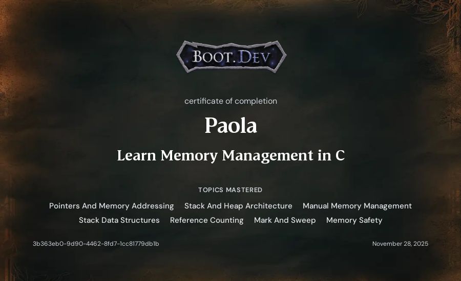 Paola's Boot.dev Learn Memory Management in C certificate