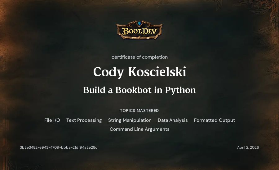 Cody Koscielski's Boot.dev Build a BookBot in Python certificate