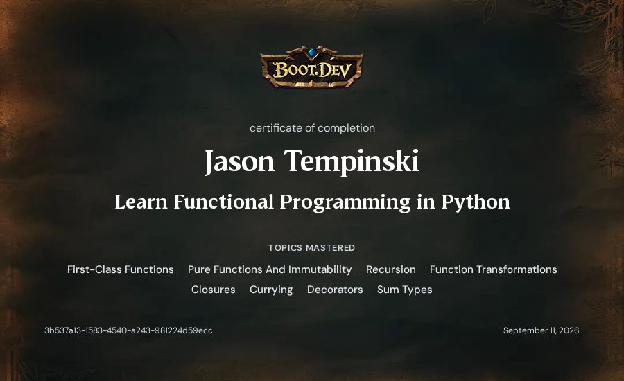 Jason Tempinski's Boot.dev Learn Functional Programming in Python certificate