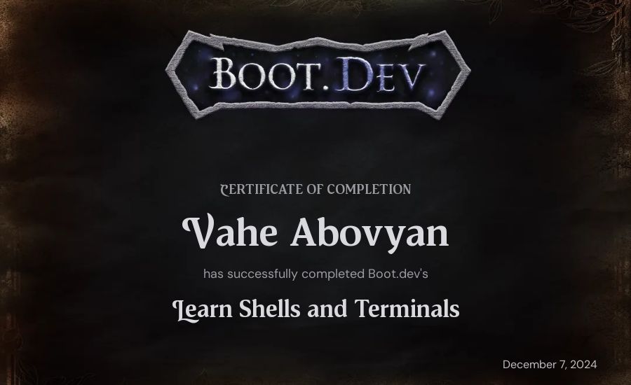 Vahe Abovyan's Boot.dev Learn Linux certificate