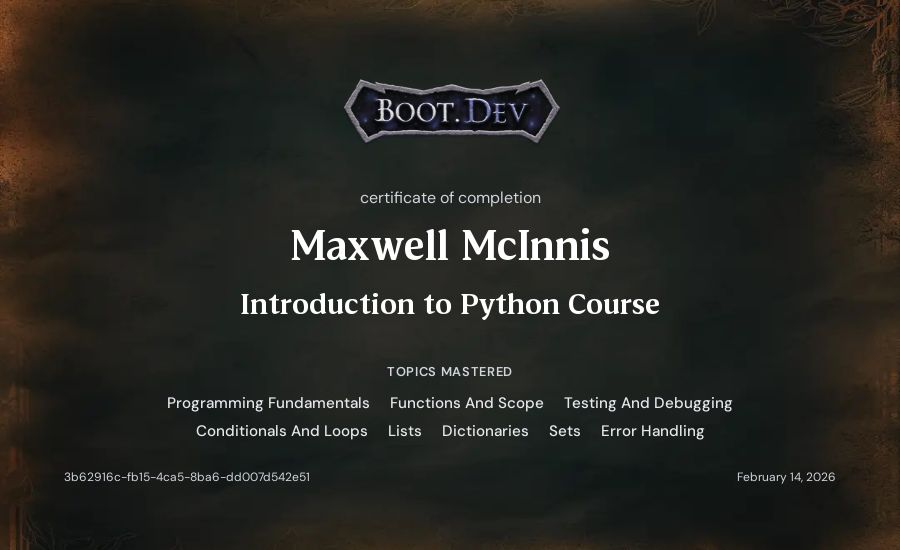 Maxwell McInnis's Boot.dev Introduction to Python Course certificate