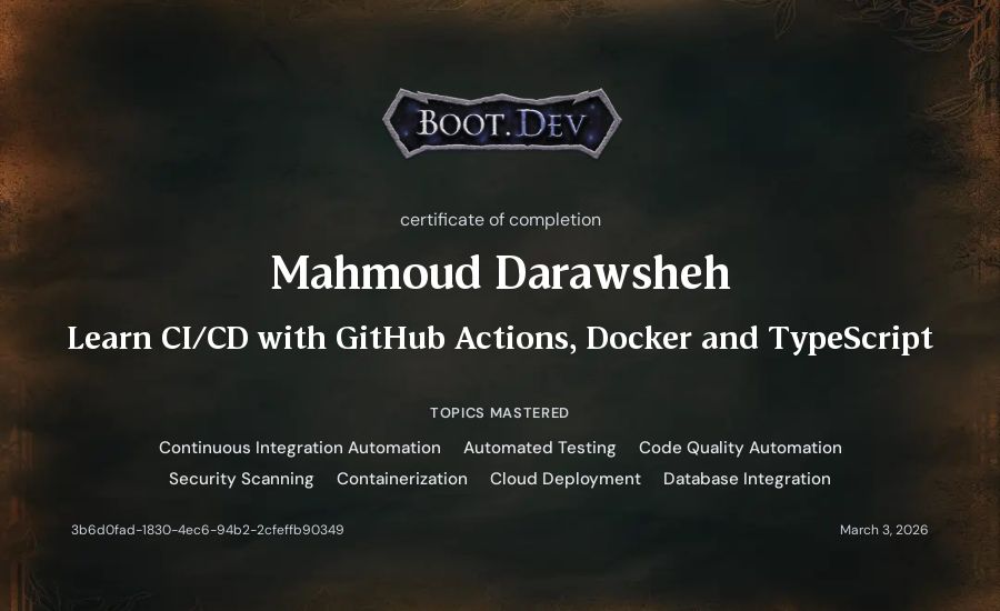 Mahmoud Darawsheh's Boot.dev Learn CI/CD with GitHub Actions, Docker and TypeScript certificate
