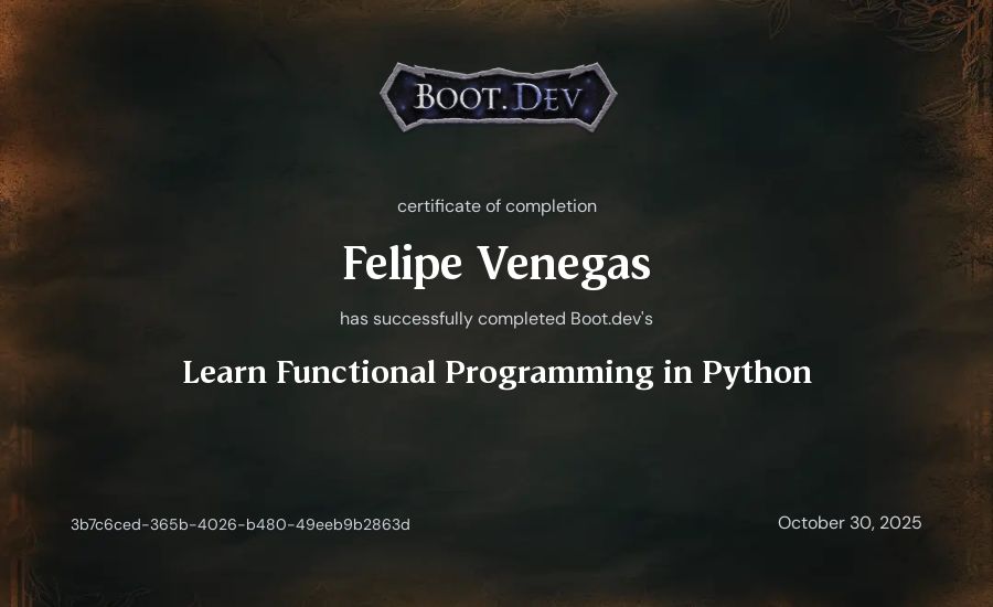 Felipe Venegas's Boot.dev Learn Functional Programming in Python certificate