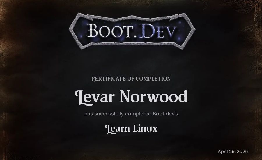 Levar's Boot.dev Learn Linux certificate