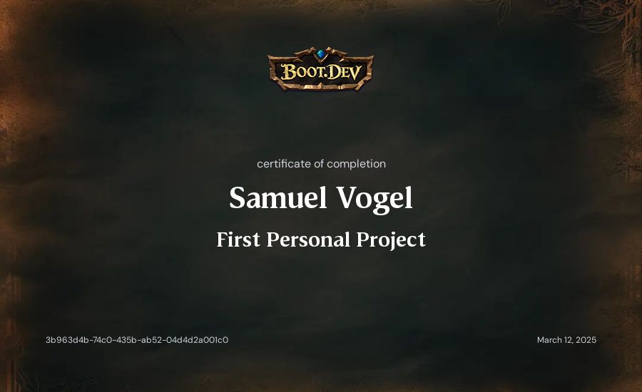 Samuel Vogel's Boot.dev First Personal Project certificate