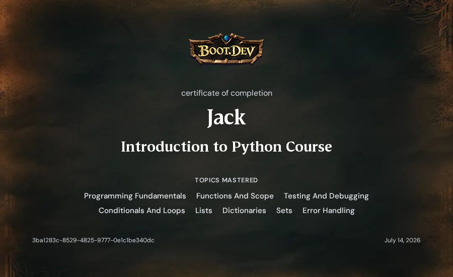 Jack's Boot.dev Introduction to Python Course certificate
