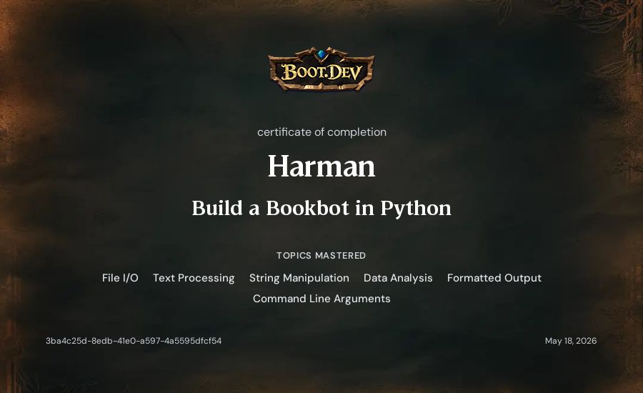 Harman's Boot.dev Build a Bookbot in Python certificate