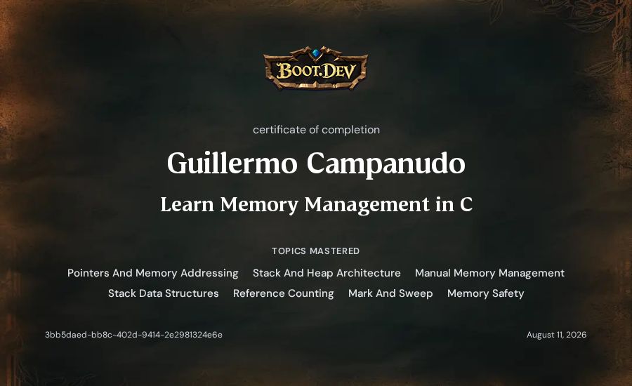 Guillermo Campanudo's Boot.dev Learn Memory Management in C certificate