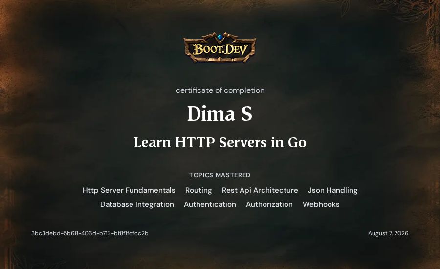 Dima S's Boot.dev Learn HTTP Servers in Go certificate