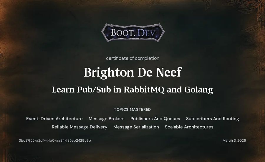 Brighton De Neef's Boot.dev Learn Pub/Sub in RabbitMQ and Go certificate