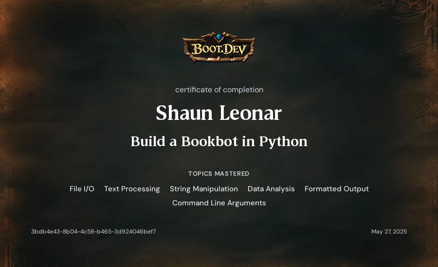 Shaun Leonar's Boot.dev Build a BookBot in Python certificate