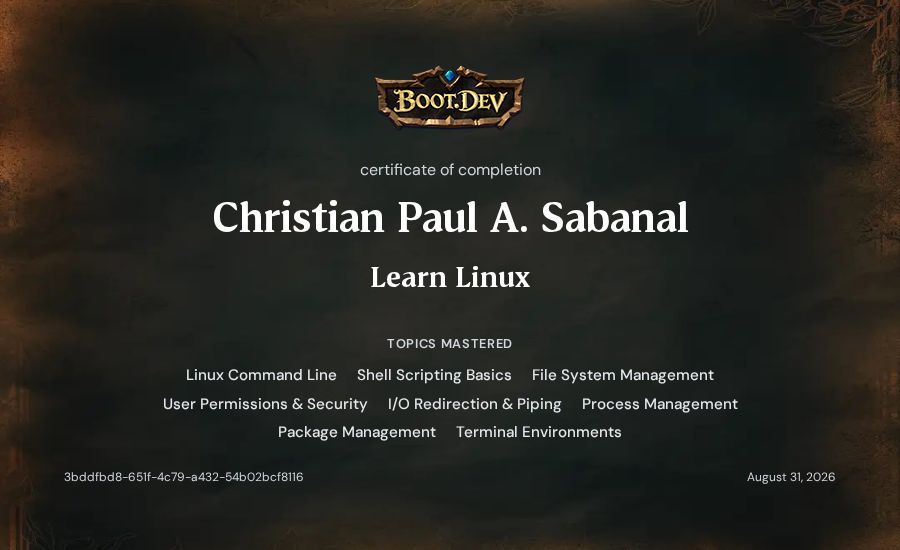 Christian Paul A. Sabanal's Boot.dev Learn Linux certificate