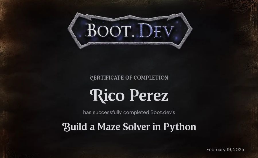 Celeste Perez's Boot.dev Build a Maze Solver in Python certificate