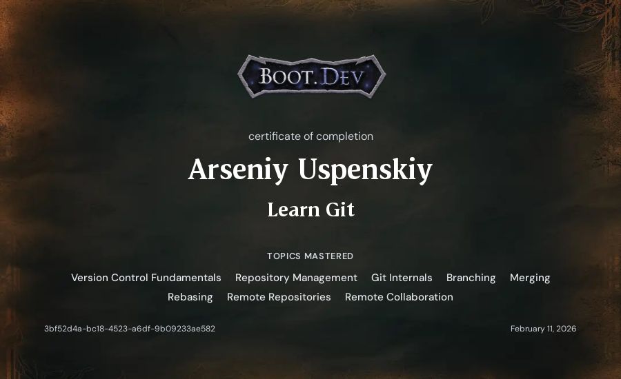 Arseniy Uspenskiy's Boot.dev Learn Git certificate
