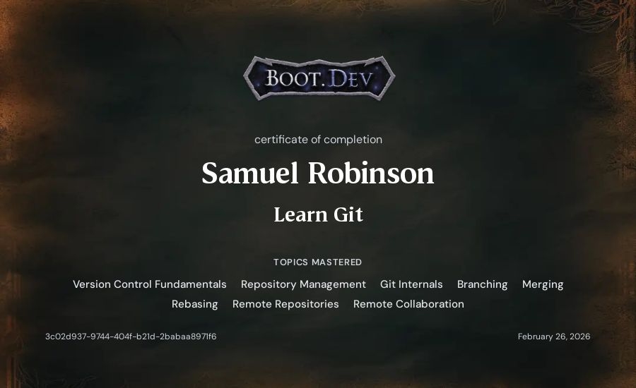 Samuel Robinson's Boot.dev Learn Git certificate