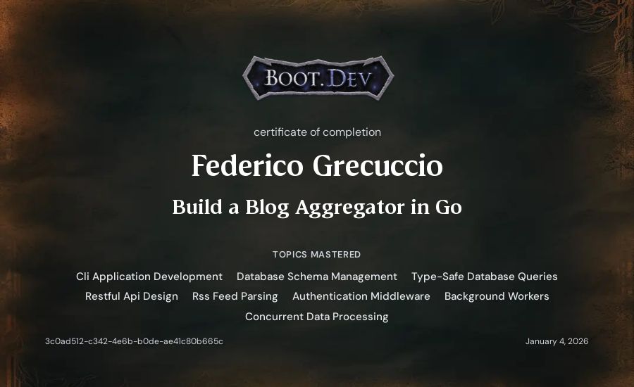 Federico Grecuccio's Boot.dev Build a Blog Aggregator in Go certificate