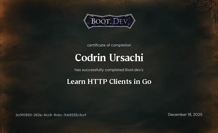 Codrin Ursachi's Boot.dev Learn HTTP Clients in Go certificate
