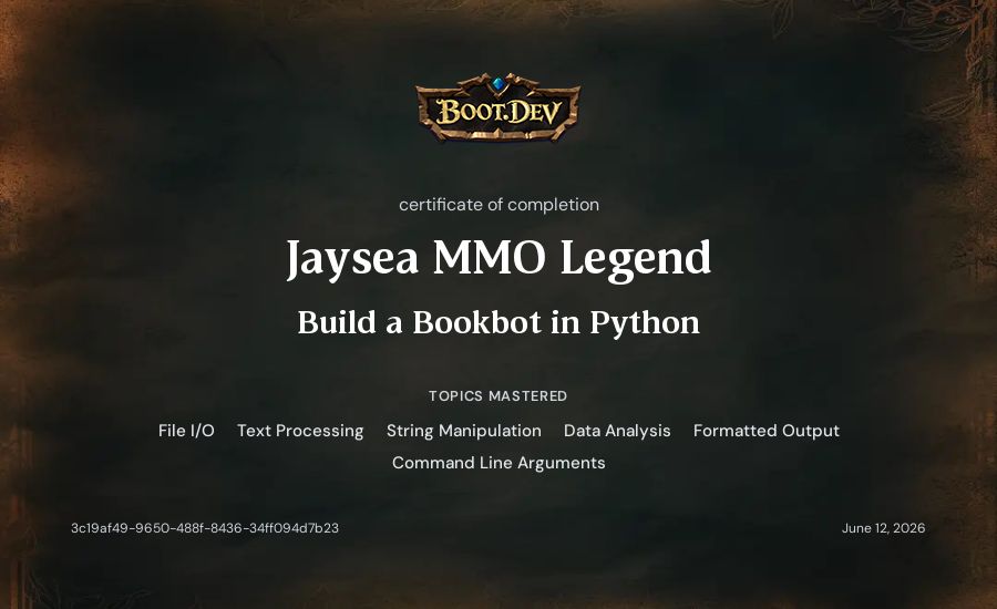 Jaesea MMO Legend's Boot.dev Build a BookBot in Python certificate