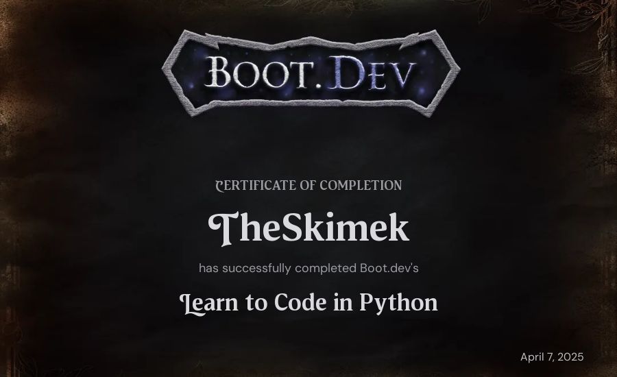 TheSkimek's Boot.dev Introduction to Python Course certificate
