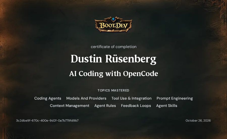 Dustin Rüsenberg's Boot.dev AI Coding with OpenCode certificate