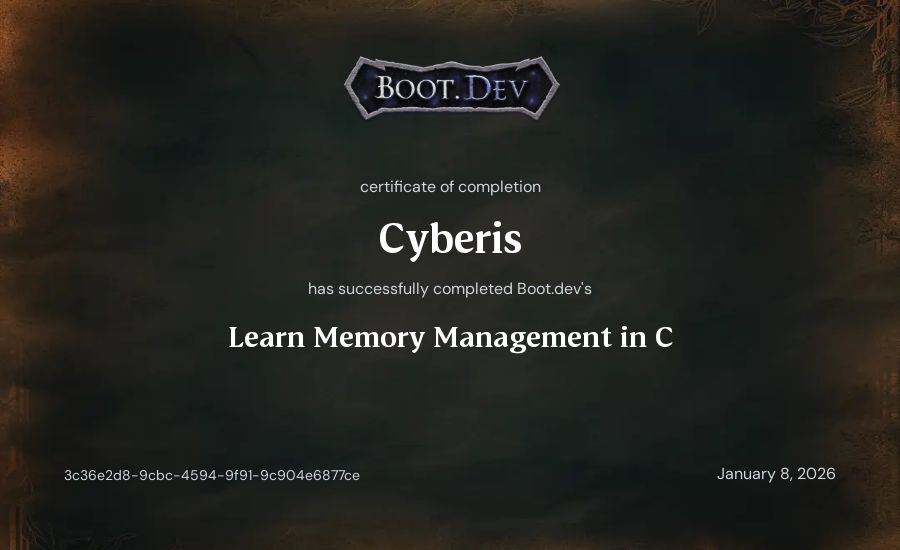 Cyberis's Boot.dev Learn Memory Management in C certificate