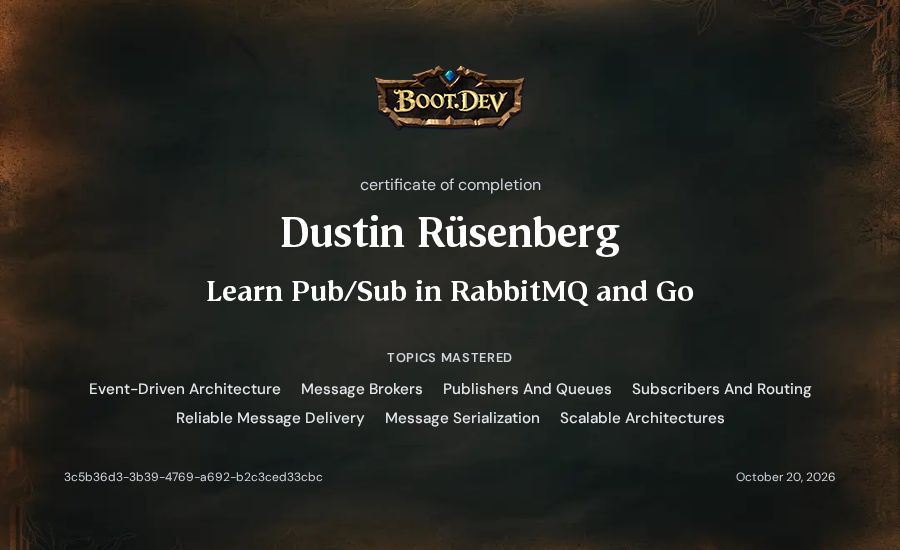 Dustin Rüsenberg's Boot.dev Learn Pub/Sub in RabbitMQ and Go certificate