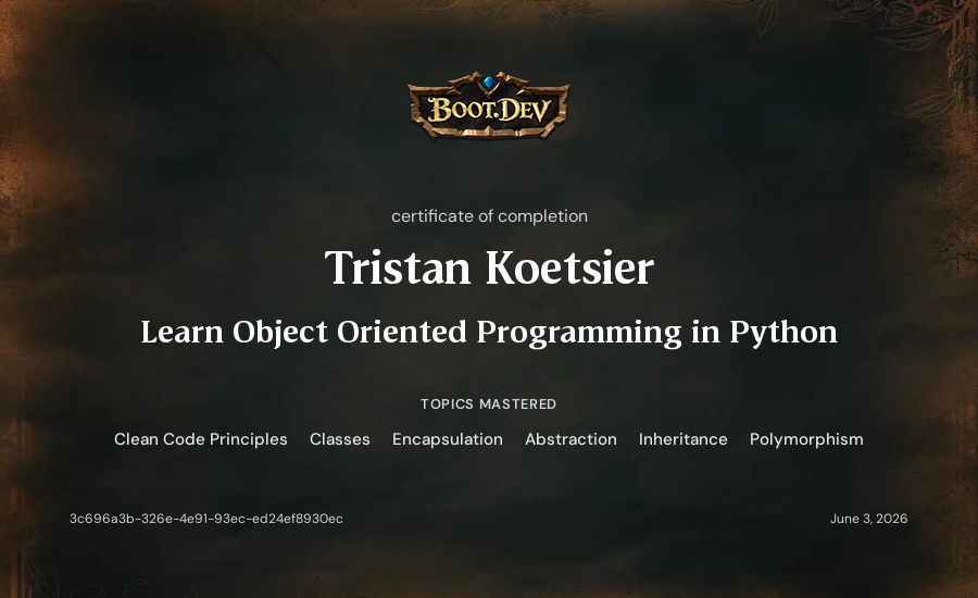 triskattie's Boot.dev Learn Object Oriented Programming in Python certificate