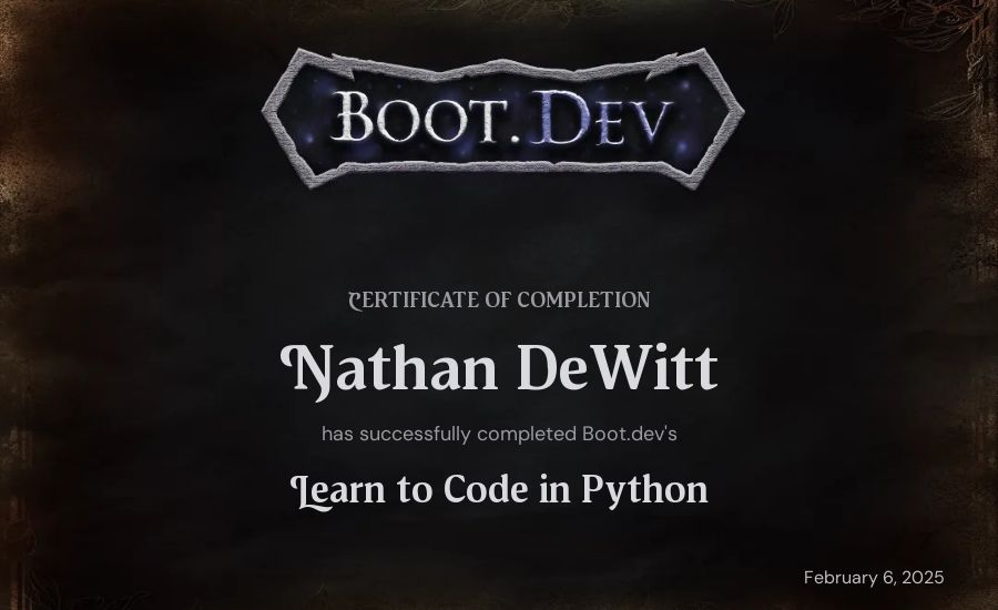 Nathan DeWitt's Boot.dev Introduction to Python Course certificate