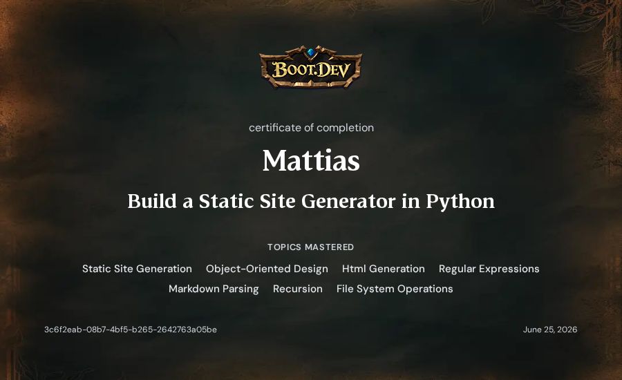 Mattias's Boot.dev Build a Static Site Generator in Python certificate