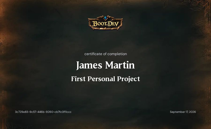 James Martin's Boot.dev First Personal Project certificate