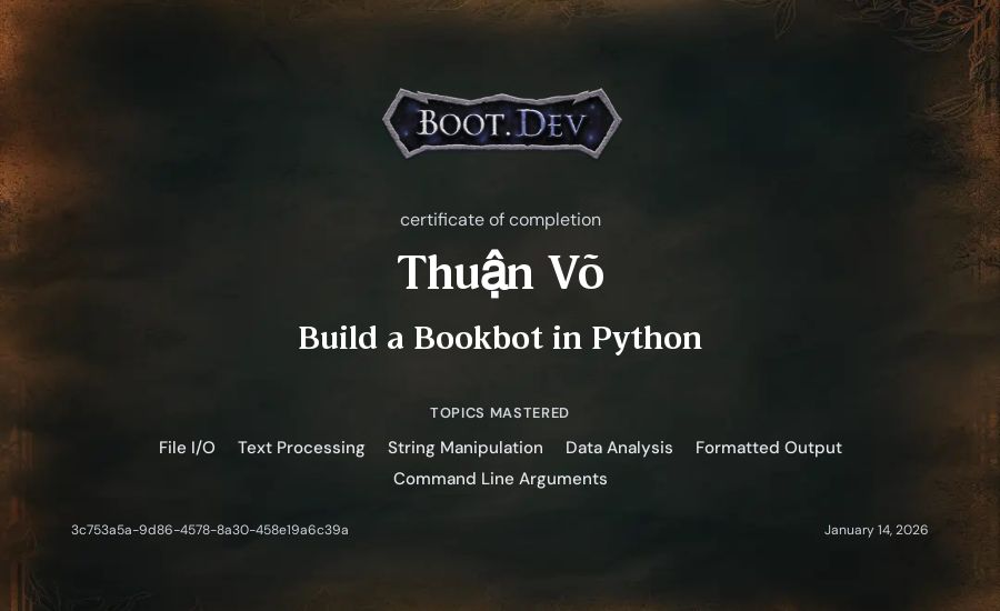 Thuận Võ's Boot.dev Build a BookBot in Python certificate