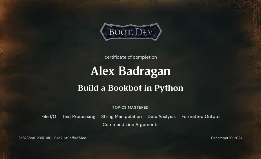 Alex Badragan's Boot.dev Build a Bookbot in Python certificate