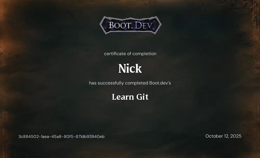 Nick's Boot.dev Learn Git certificate