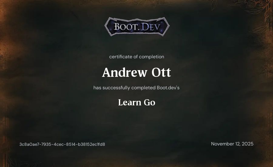 Andrew Ott's Boot.dev Learn Go certificate