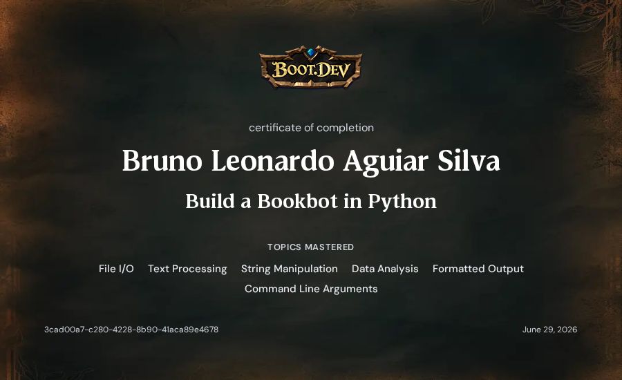 Bruno Leonardo Aguiar Silva's Boot.dev Build a BookBot in Python certificate