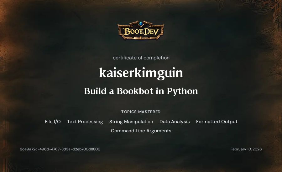 kaiserkimguin's Boot.dev Build a BookBot in Python certificate