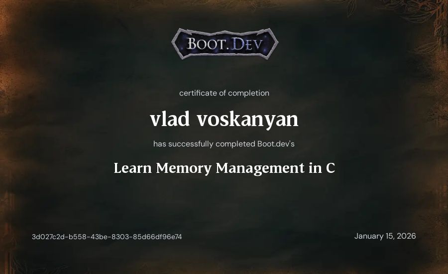 vlad voskanyan's Boot.dev Learn Memory Management in C certificate