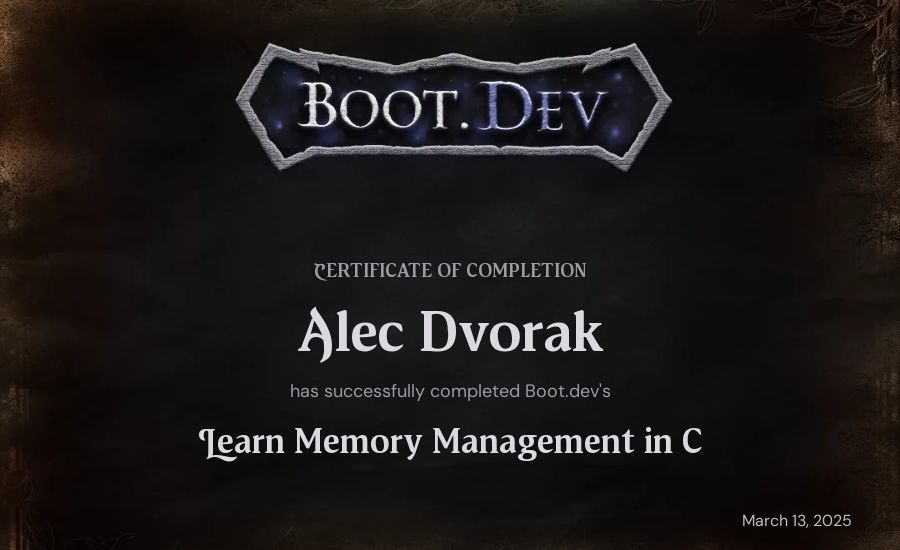 Alec Dvorak's Boot.dev Learn Memory Management in C certificate