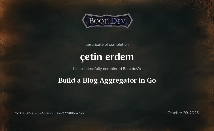 çetin erdem's Boot.dev Build a Blog Aggregator in Go certificate