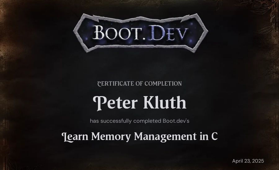 Peter Kluth's Boot.dev Learn Memory Management in C certificate