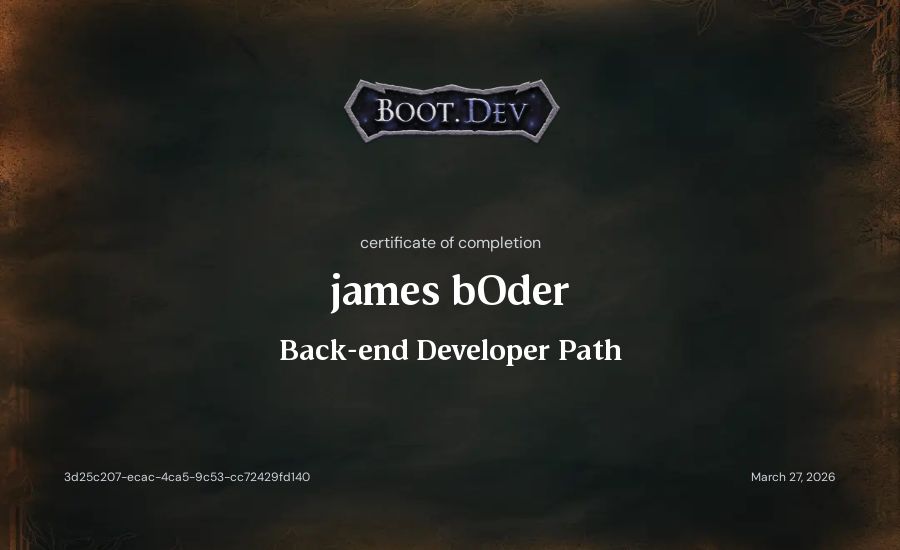 Back-end Developer Path Certificate - james bOder | Boot.dev