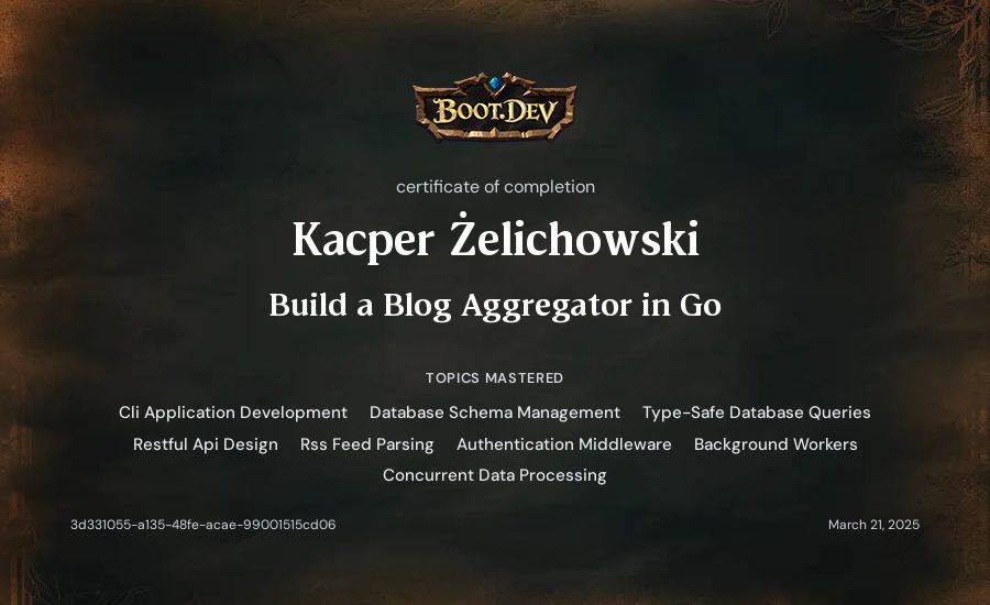 Kacper Żelichowski's Boot.dev Build a Blog Aggregator in Go certificate