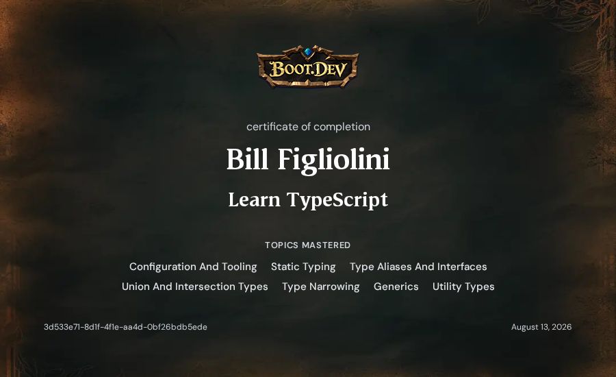 Bill Figliolini's Boot.dev Learn TypeScript certificate