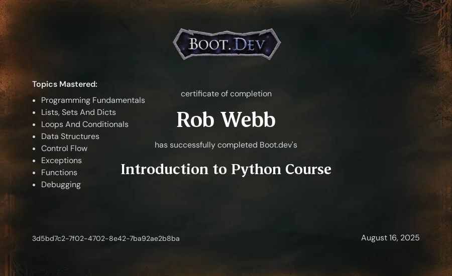 Rob Webb's Boot.dev Introduction to Python Course certificate