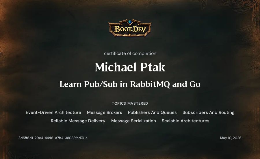Michael Ptak's Boot.dev Learn Pub/Sub in RabbitMQ and Go certificate