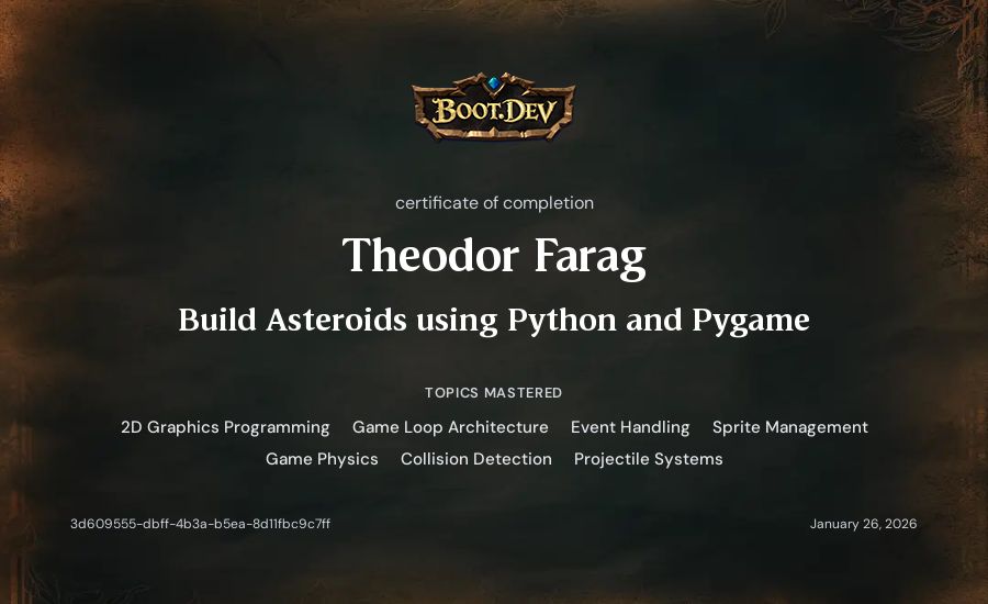 Theodor Farag's Boot.dev Build Asteroids using Python and Pygame certificate
