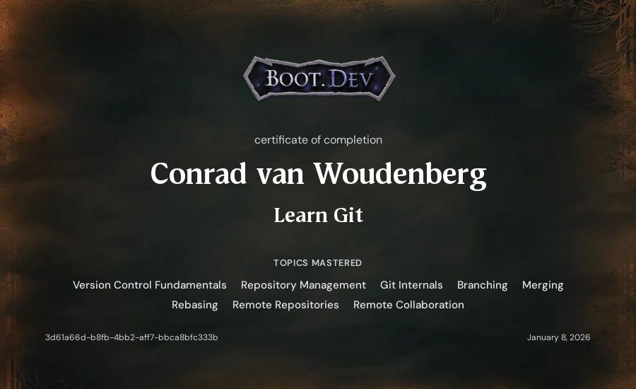Conrad van Woudenberg's Boot.dev Learn Git certificate